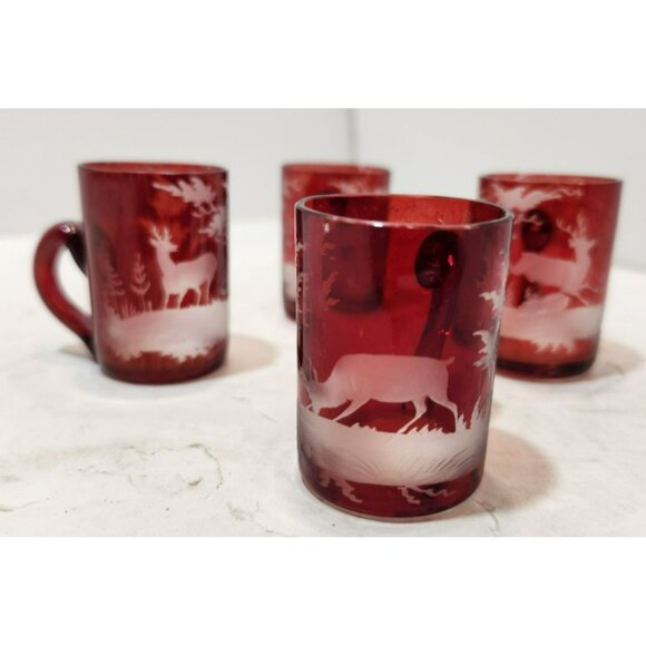 Vtg Set of 4 Bohemian Flash Glass Red Etched Deer Miniature Shot Mugs 1.75" Tall - Picture 2 of 12